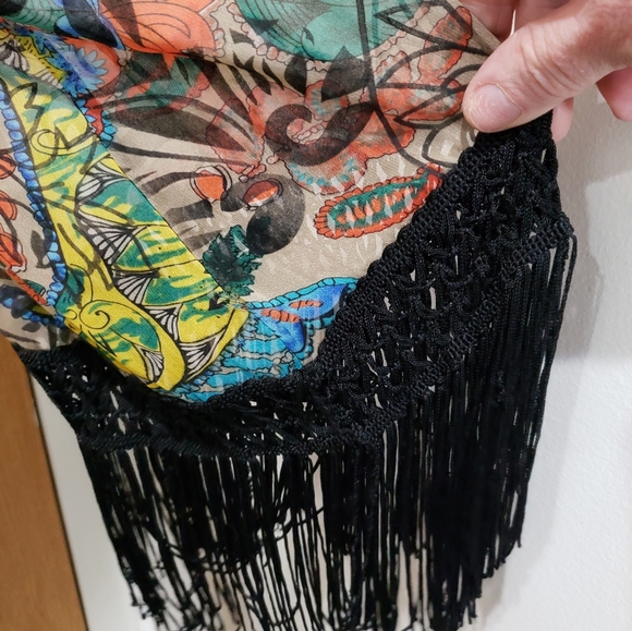 Sans Souci, tan orange green blue black kimono fringe cardigan, large - Picture 11 of 15